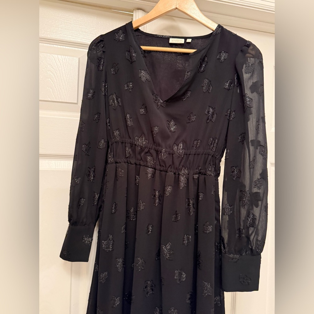 Spartina 449 Midi Dress Womens XXS Black Metallic Fil Coupe Leaf Long Sleeve - Picture 1 of 5
